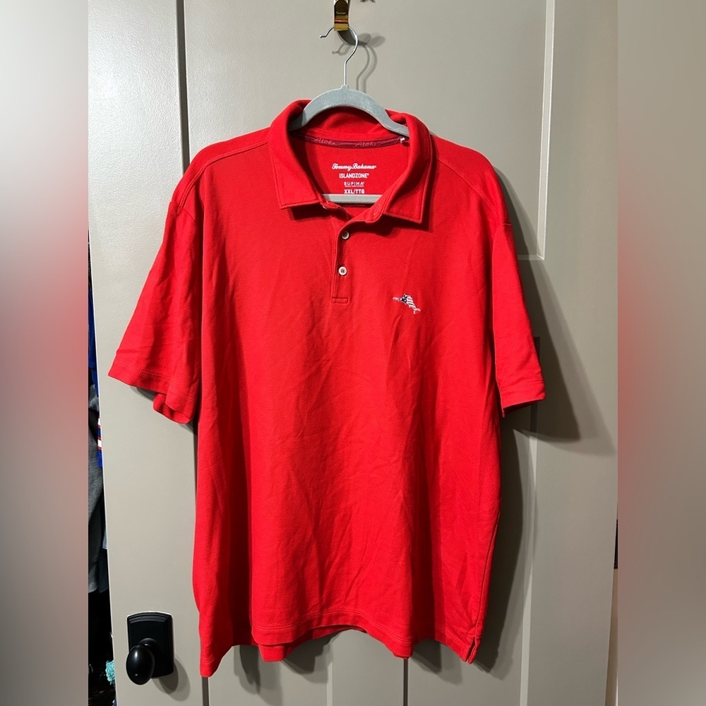 Tommy Bahama Vibrant Red Polo Shirt Islandzone American 🇺🇸 flag logo